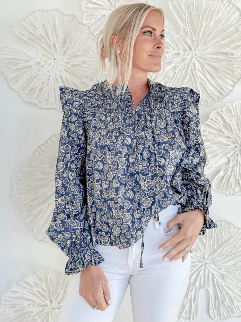 Karlie Navy Floral Ruffle-Sleeve Blouse